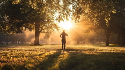 A person warming up their arms in a park at dawn, the soft morning light creating a 