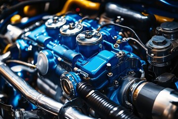 Close-up of a Blue Car Engine with Chrome Pipes
