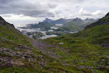 Amazing view in Lofoten. Cloudy day in Norway