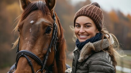 Fototapeta premium A woman is smiling and standing next to a brown horse