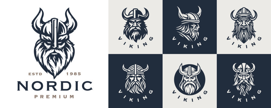 Nordic viking logo set. Norse warrior head icon collection. Horned barbarian helmet symbols. Norseman Odin emblems. Vector illustration