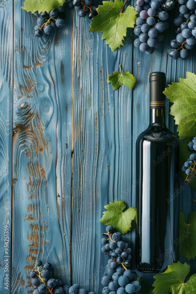 Wall mural fresh grape, grape wine bottle over texture background