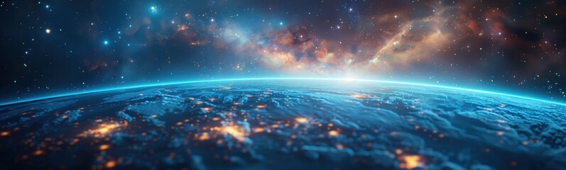 Starry night view of earth with stars and nebulas, banner, copy space