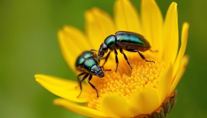 Naklejka premium Two bugs are on a yellow flower