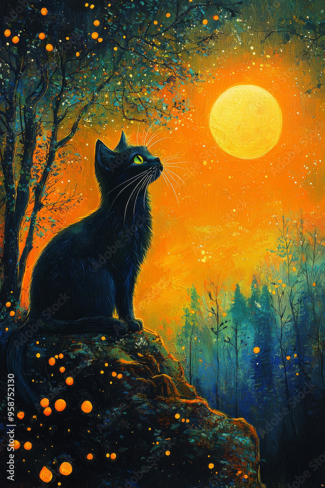 Wall mural a black cat sits on a rock, gazing up at a bright moon in a magical forest setting.