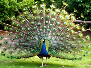 Peacock with fanned tail, peacock with feathers