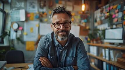 Fototapeta premium Confident CEO Surrounded by Innovative Projects in Creative Workspace