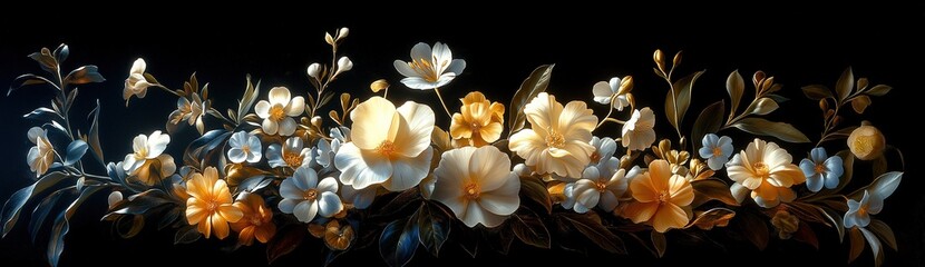 Obraz premium Illustration of delicate white and yellow flowers with gold accents on a black background