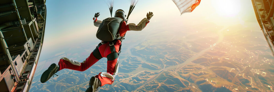 Thrill of Adrenaline: A skydiver leaping from a plane, their parachute billowing in the air behind them.