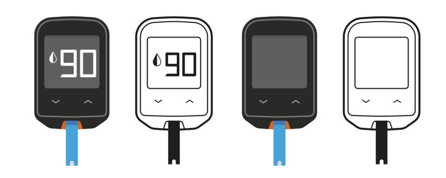 Glucometer blood sugar glucose tester icon vector graphic flat cartoon and line outline stroke art image clip art illustration set, diabetic medical insulin meter pictogram simple modern design

