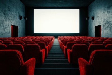 Fototapeta premium Empty Red Seats Facing a Blank Movie Screen in a Dark Theater