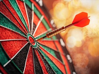 dart striking the bullseye on a colorful dartboard, symbolizing precision and focus in target achievement.