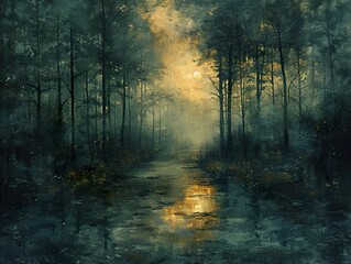 Obraz premium A misty forest path with a river running through it, the sun setting in the distance.