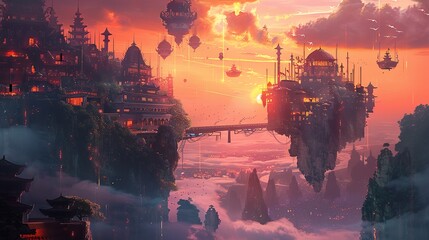 Fototapeta premium A fantasy city with floating islands connected by a bridge, set against a vibrant sunset sky.