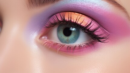 Colorful rainbow make up on woman eye studio shot. Neural network ai generated art