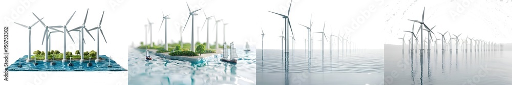 Wall mural offshore wind power and energy farm with many wind turbines isolated on white background. generative