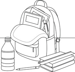 Backpack filled with school supplies like notebooks, pencils, rulers, and a water bottle outine coloring page. First day of school bag line art