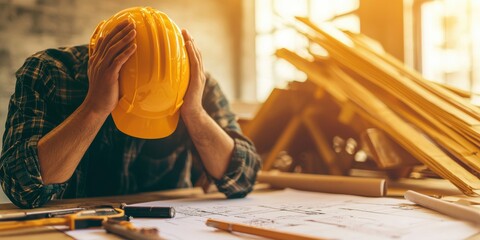 A stressed worker in a hard hat faces challenges at a construction site, surrounded by plans and wooden materials.