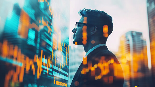 Double exposure Businessman adapts quickly to market changes to sustain growth.