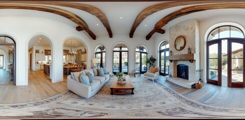 360-degree virtual tour of the living room in an old-world style home with arched windows, a large area rug, and rustic wood floors, a stone fireplace, white walls, warm lighting
