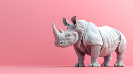 The image is of a cartoon-style rhino standing alone, featuring a large horn, grey color, and gentle expression, representing a wild and endangered mammal often seen in safaris and zoos.