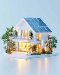Modern eco-friendly house with solar panels, surrounded by greenery and illuminated at night, showcasing sustainable living.