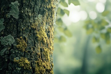 Close-up of a Tree Trunk with Green and Yellow Lichen in a Forest Setting