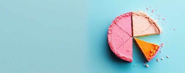 A vibrant, colorful slice of cake on a blue background, showcasing delicious layers and textures perfect for desserts.