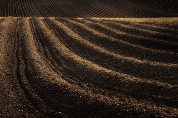 Fototapeta premium Plowed Field with Curved Furrows and Golden Hues