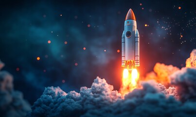 A Spacecraft Launching Through Clouds with Glowing Exhaust