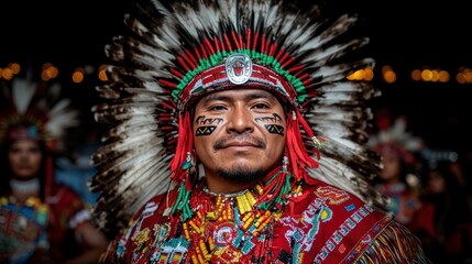 Obraz premium In this close-up, a person wears a richly decorated indigenous outfit, complete with a colorful feathered headdress and intricate face paint.