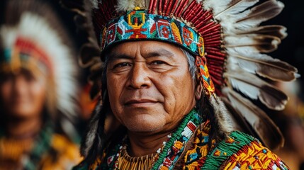 Fototapeta premium Portrait of an indigenous elder wearing a colorful feathered headdress and traditional beaded attire, showcasing cultural heritage.