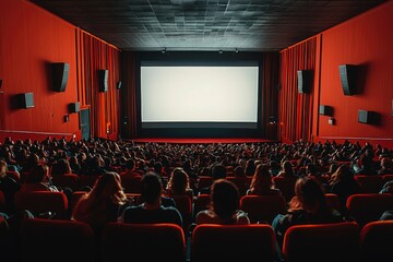 Obraz premium Audience in a darkened movie theater awaiting the start of a film.