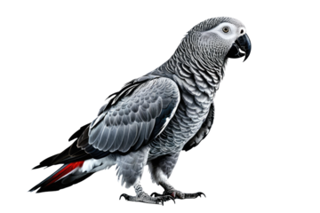 African grey parrot in full body stance, contrast against pristine white background, feather texture in sharp focus, vibrant grey tones stand out, natural posture captured