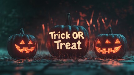 3d illustration of Jack O Lantern pumpkin and few little bats on trick or treat fun party celebration background design. on orange blackground. the word "Trick OR Treat" in the middle