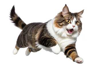 Fat cat captured mid-leap against a pristine white background, fur detailed and mid-motion conveying dynamic energy, isolated to emphasize the robust form, stock photo, high-resolution