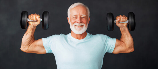 Cheerful senior man lifting dumbbells, showcasing strength and vitality in a fitness training session.