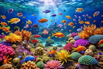 Vibrant, colorful coral reef landscape with schools of small fish swimming in front of a simulated ocean background,