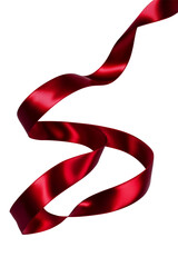 Flying twisted red ribbon for product display banner background template. Curly tape ribbon for Christmas product advertising