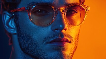 Close-up of a man in clear glasses with orange lighting