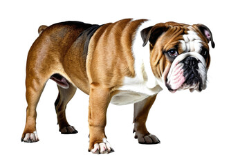 Obraz premium Full body bulldog showcased against a stark white backdrop, capturing all the rough and domineering wrinkles, its jowls sagging to the ground, the distinctive scaled-down bat-like ears