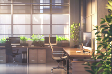 A serene office room featuring tables with computers bathed in morning sunlight streaming through large windows. For office room or workspace concept.