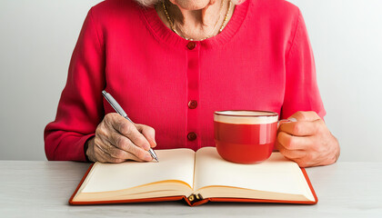 An elderly woman writes in a notebook while enjoying a warm cup of tea, showcasing a cozy and reflective moment.