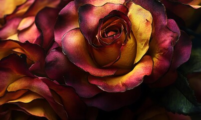 Naklejka premium Close-up of a Burgundy and Yellow Rose with Wavy Petals