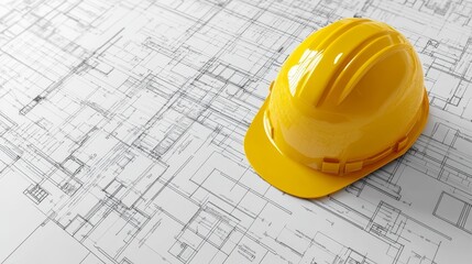 A yellow hard hat resting on detailed architectural blueprints, symbolizing construction, safety, and project planning.