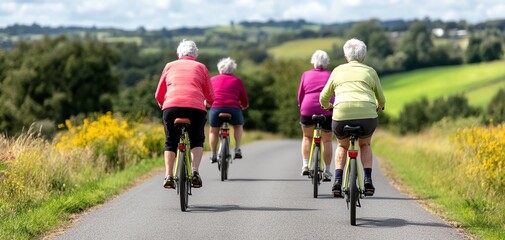 Obraz premium Seniors enjoying a leisurely bike ride on a scenic country road surrounded by lush greenery.
