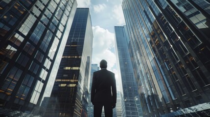 A man stands in front of a tall building, looking up at the sky