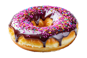 Full body donut, sugary glaze shimmering with a soft shine, isolated against a pristine white background, foreground focus, shallow depth of field, high-resolution stock photograph