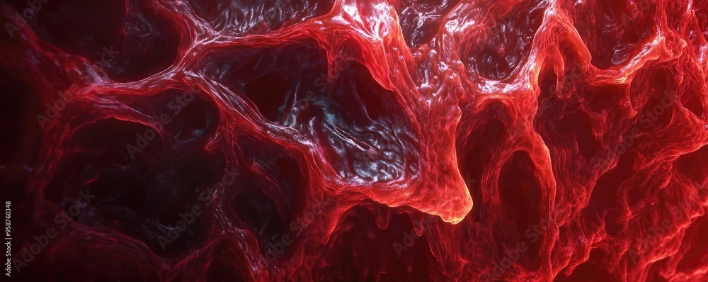 Poster Abstract red texture resembling organic matter, featuring intricate patterns and fluid shapes for artistic or scientific use.