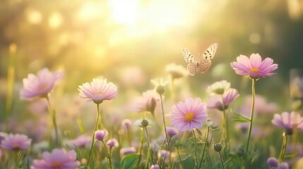 Fototapeta premium A serene scene with a butterfly resting over delicate pink flowers in soft sunlight, creating a tranquil and peaceful atmosphere.